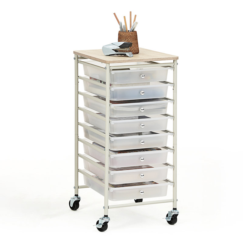 Nisean Under Desk Storage Mobile Utility Cart with Wooden Top and 8 Drawers, White