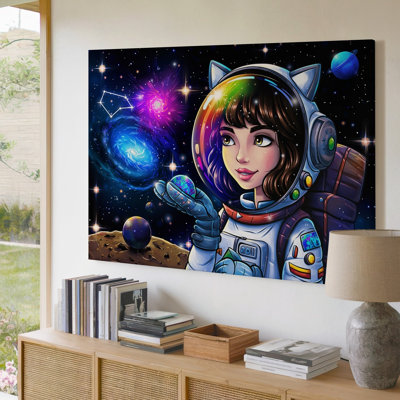 Toile dans un cadre cosmique fantaisiste, un astronaute caricatural avec un art mural Casque réfléchissant surdimensionné avec des oreilles de chat
