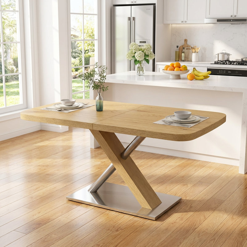 Table de salle à manger extensible avec base en métal en forme de croix et structure en acier inoxydable, pour 4 à 6 personnes