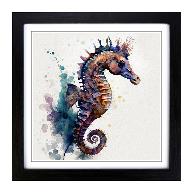 Seahorse Gestural - Single Picture Frame Print on Wood, Black