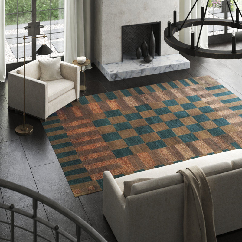 Freshwater Checkered Area Rug in Blue/Brown, Rectangle 9' x 12'
