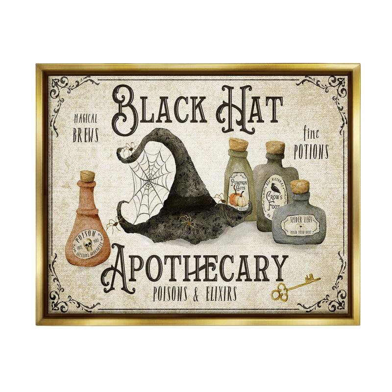 "Vintage Black Hat Apothecary" par Deane Beesley sur toile, Cadre flottant métallique doré, H 17 po x l 21 po