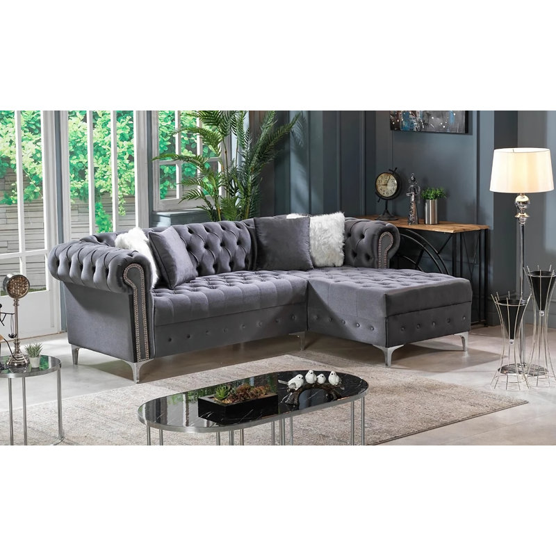 Canapé modulaire en velours de 105 po Derrica, Velours gris