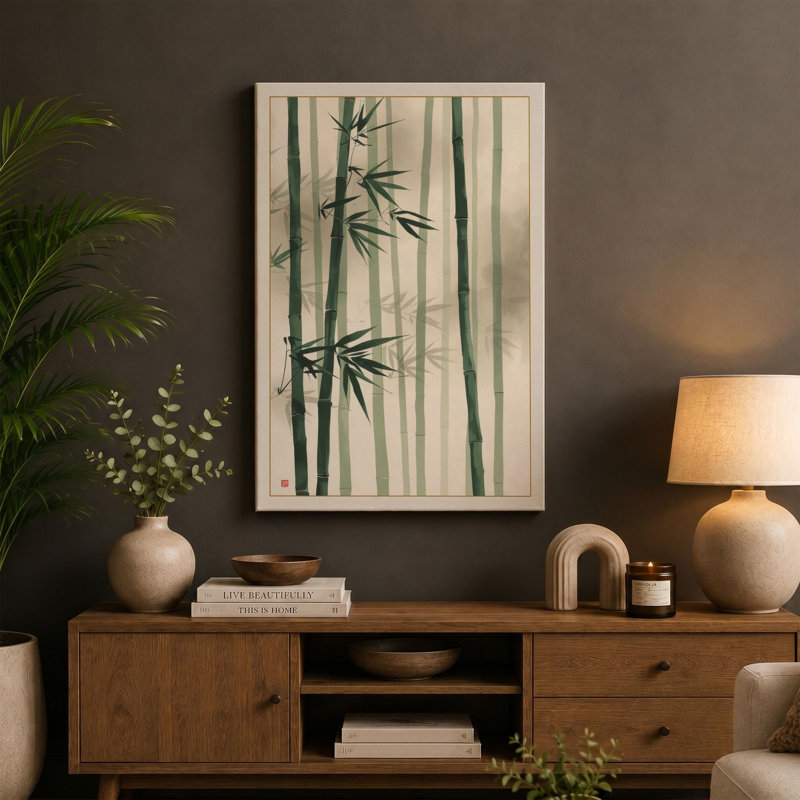 Bamboo in Mist Japandi - Wrapped Canvas, 36x24 - 91.4 x 61.0 cm, Ochre Border