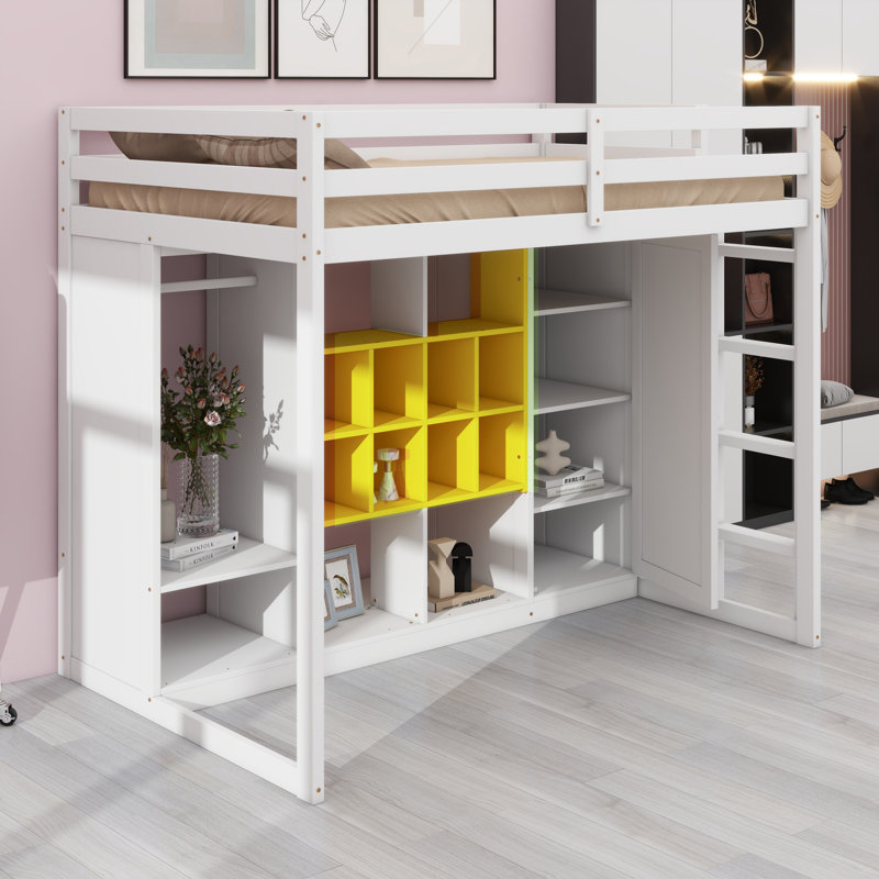 Lit mezzanine en bois avec garde-robe, tablettes et armoire, Lit simple, Blanc / jaune 