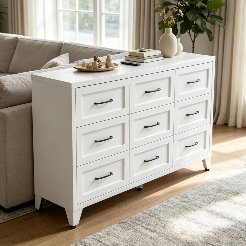 Commode basse en acier blanc à 9 tiroirs, 132 cm de largeur, style ferme moderne, avec tiroirs à glissière silencieux, idéale pour la chambre à coucher.