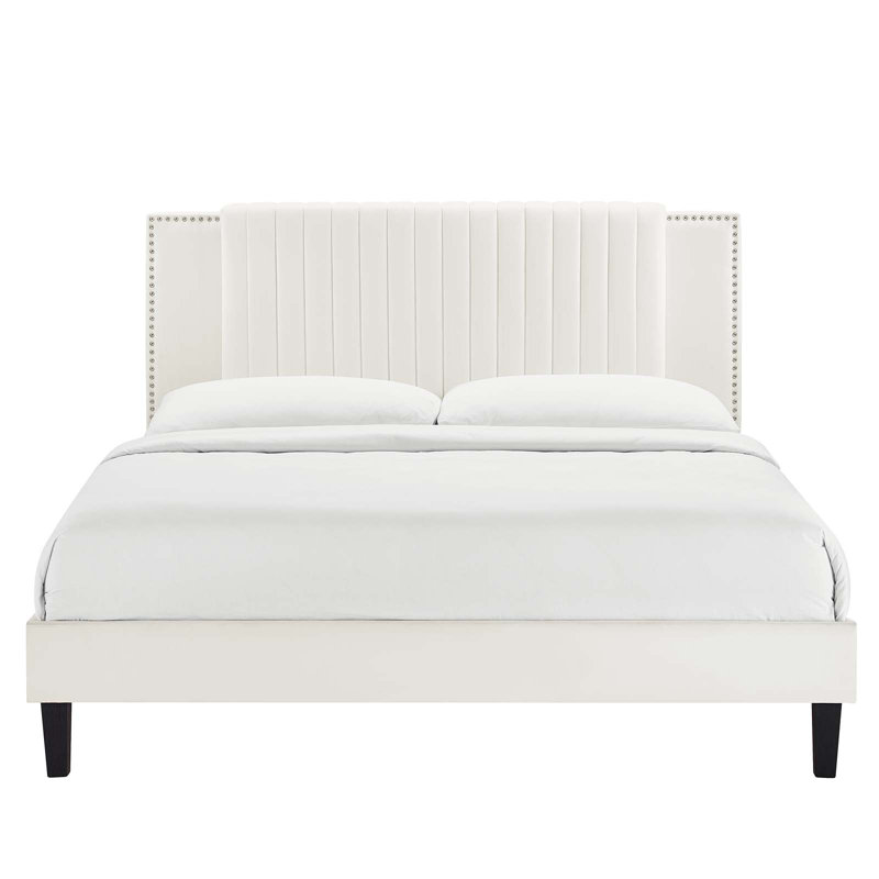 Modway Zahra Channel Tufted Performance Velvet Platform Bed, Queen, White