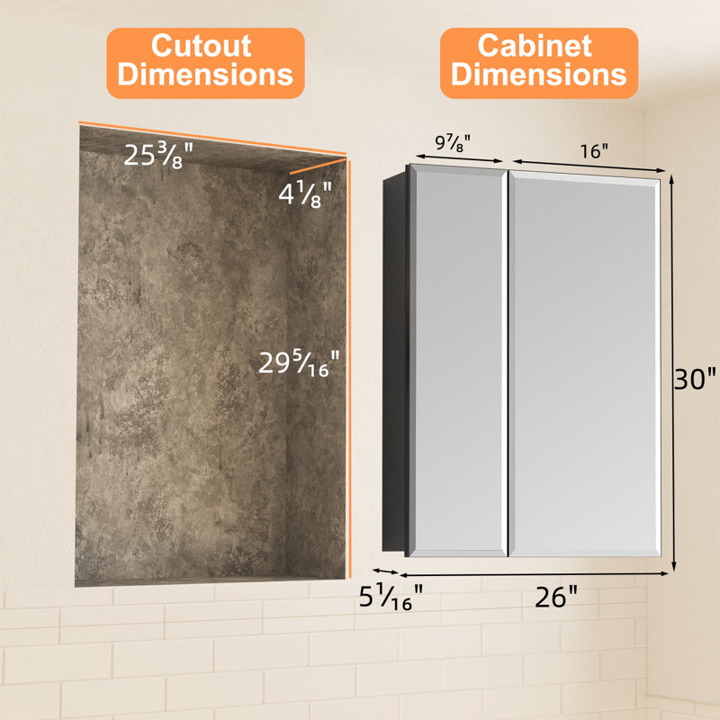 Armoire à pharmacie encadrée en aluminium de 26 po x l 30 po avec miroir, meuble-lavabo encastré ou à fixation en surface avec tablette réglable en verre trempé, grand espace de rangement (noir)