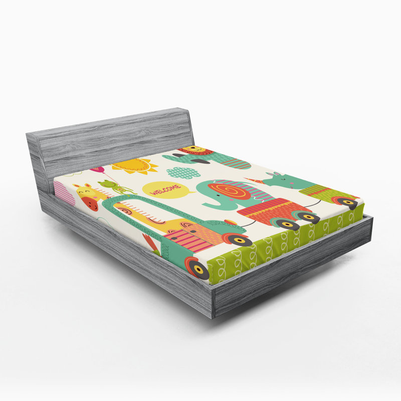 Ambesonne Jungle Fitted Sheet 2-Pack Train with Jungle Animals Multicolor, California King Fitted Sheet