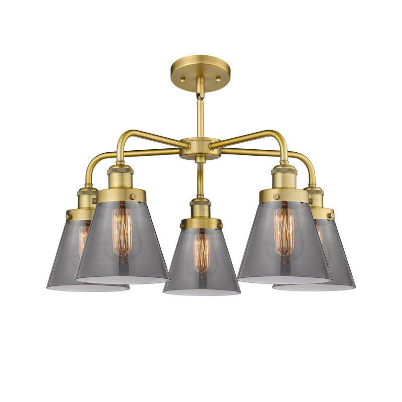 Lustre suspendu 5 lumières Cone, Plaqué couleur fumée, Laiton brossé
