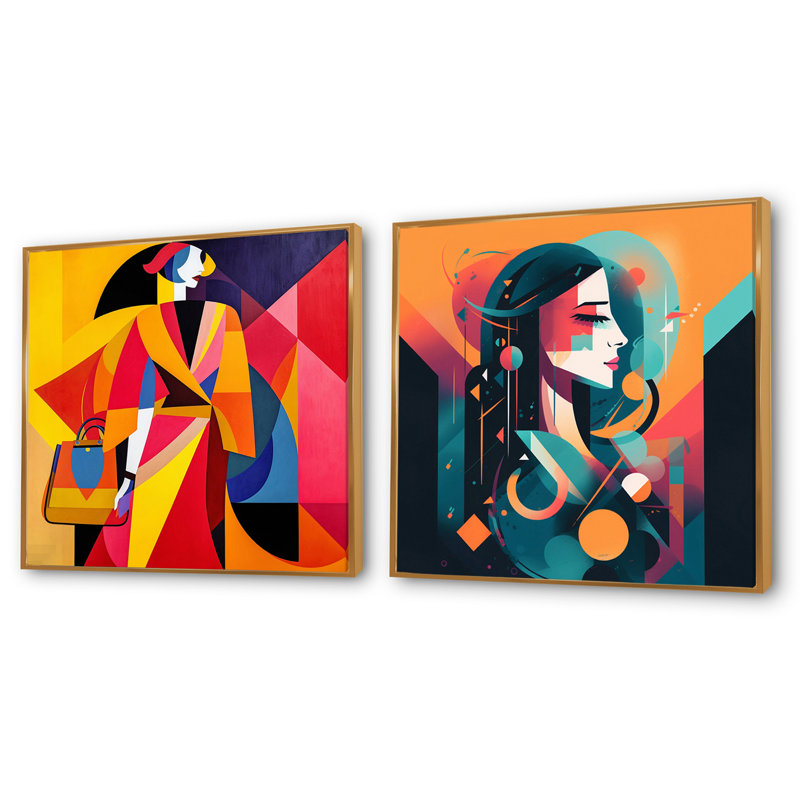 Portrait féminin art déco féminin, Cadre flottant doré, H 16 po x l 33 po