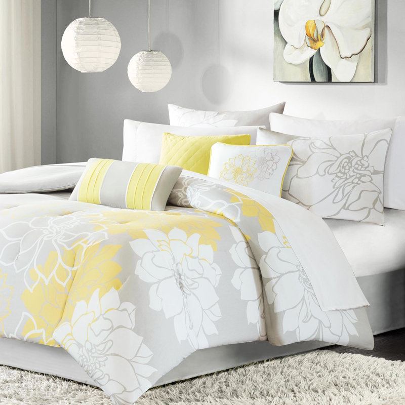 Couette King Taupe Gris/Jaune - Coton imprimé, 3 coussins décoratifs, Housse de couette, Gris/Jaune, Imprimé, Jupe de lit