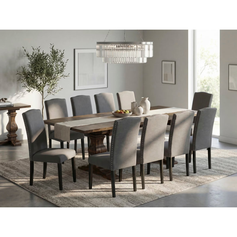 11 Piece Dining Set Includes a Rectangle Dining Table with Removable Leaf and 10 Dark Gotham Linen Fabric Upholstered Chairs, Distressed Jacobean