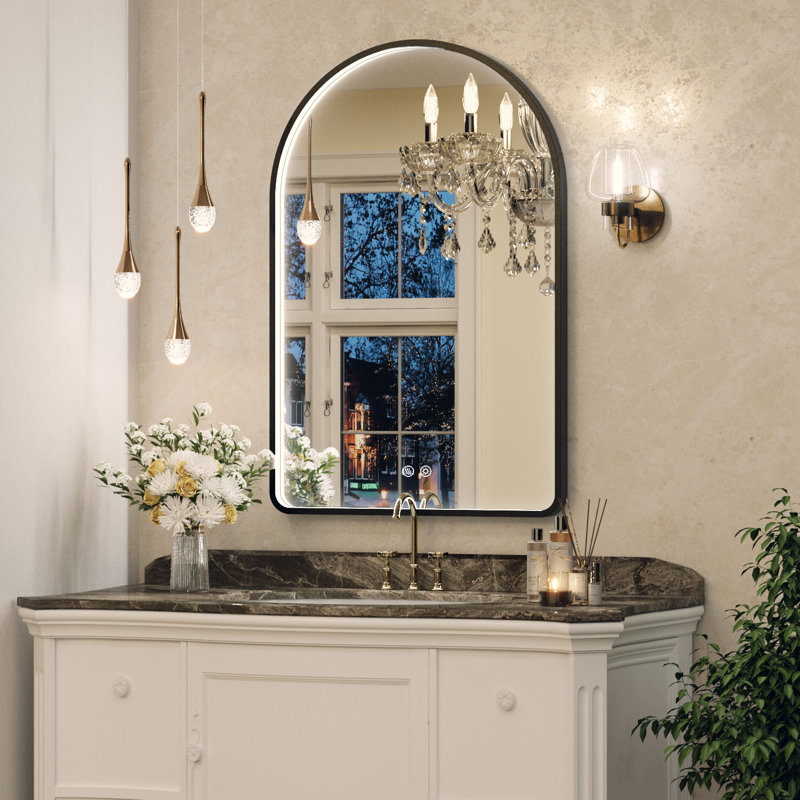 Miroir de salle de bain à DEL avec lumières, miroir de salle de bain arqué avec antibuée, température de 3 couleurs, fonction de mémoire, à intensité variable