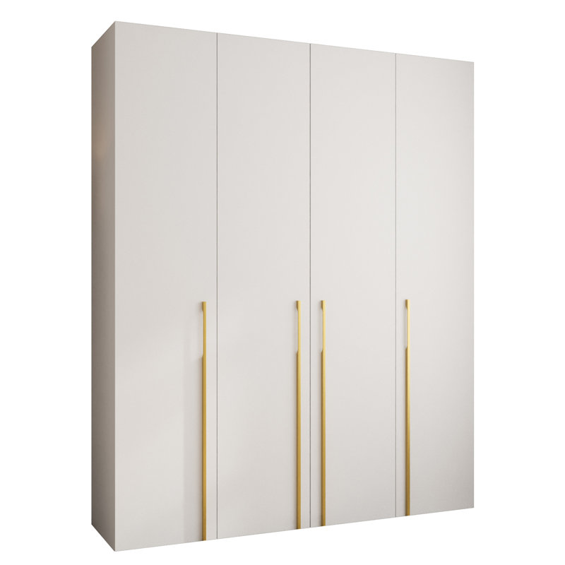 4 Door Manufactured Wood Wardrobe, white matt + handles: gold, 245,5 H x 200 W x 40 D