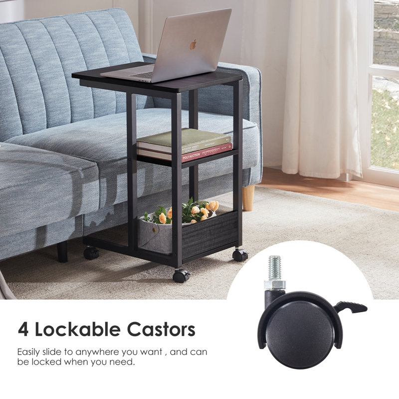 Shaped End Table with Lockable Wheels, Two-Tier Storage, Rolling Side Table for Sofa or Bedroom, Black