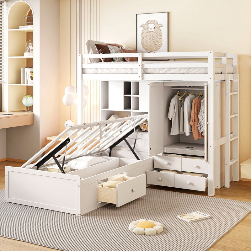 Lit superposé simple avec tiroirs, garde-robe, tablettes de rangement et lit hydraulique, Blanc