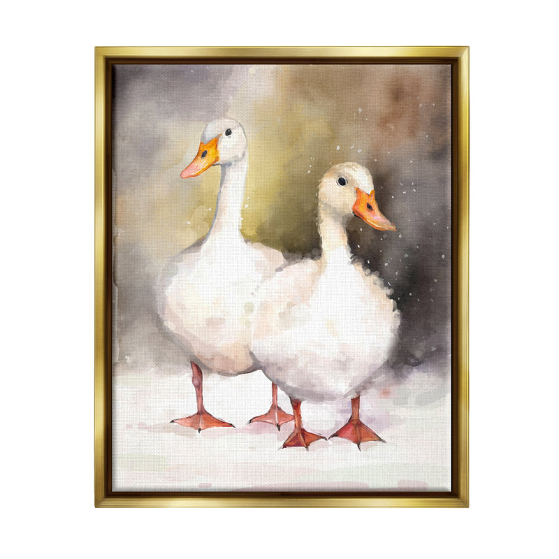 «Ba-490-Floater Two White Ducks In Snow», impression sur toile par Ziwei Li, Cadre flottant métallique doré