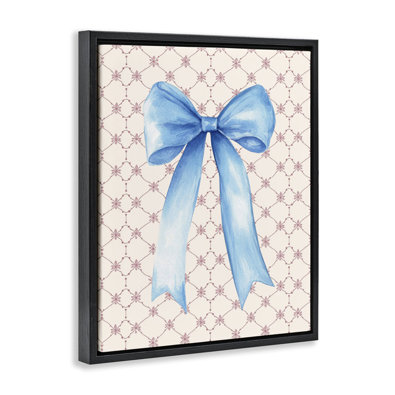 Arc-en-ciel bleu sur cadre flottant à motif de courtepointe rose, design par Petal Prints Design, Cadre flottant noir de jais