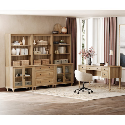 2 Piece Office Set, 56" Executive Desk, Bookcases With 3 Drawers And 2 Glass Cabinets, Oak