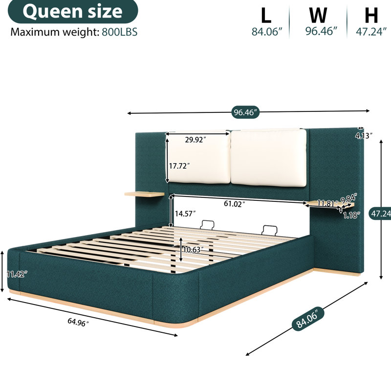 Lit plateforme grand avec panneaux latéraux, coins arrondis aux orteils, lit luxueux enveloppé de tissu, coussins en cuir souple pour plus de confort, assemblage facile sans sommier tapissier, intégré