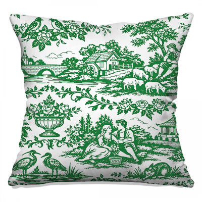 Green Scenic Toile Double Sided Throw Pillows