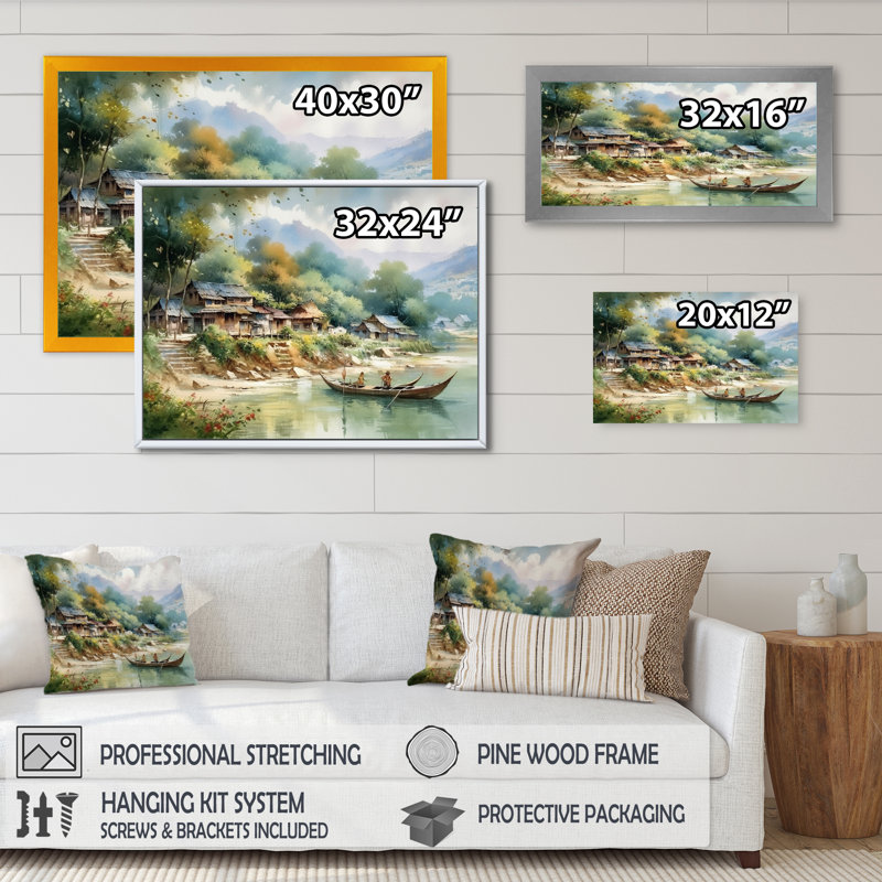 Mayona, vieux village avec la rivière et les montagnes III, H 30 po x l 40 po x P 1,5 po, Toile tendue