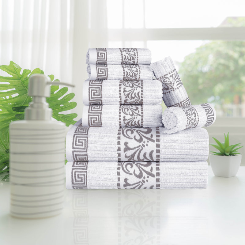 Ensemble de serviettes 8 pièces à bordure moyenne 100% coton à motif floral Athens, Chrome blanc