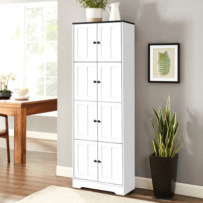 Tall Storage Cabinet With 8 Doors And 4 Shelves, Wall Storage Cabinet For Living Room, Kitchen, Office, Bedroom, Bathroom, White