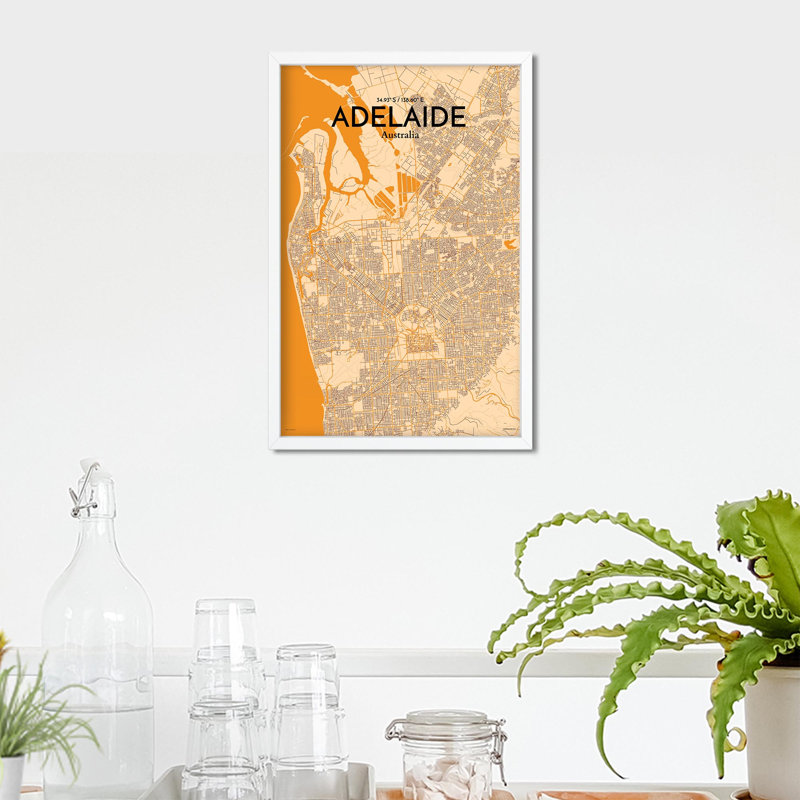 Adelaide City Map, impression, H 17 po x l 11 po, Orange / or pâle