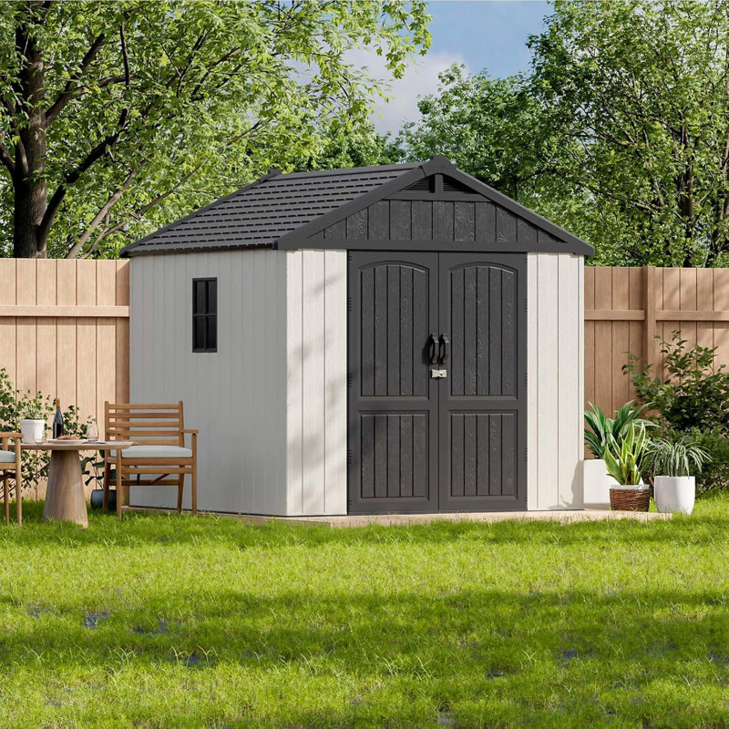 Remise de rangement extérieure en résine Patiowell 8 x 8 pi avec plancher, remise en plastique avec fenêtre et porte verrouillable pour le jardin, la cour arrière, rangement pour outils, facile à installer en beige