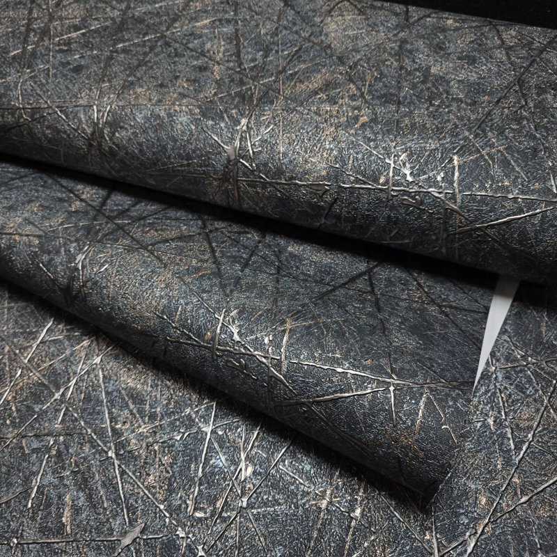 Papier peint texturé en simili-plâtre avec lignes abstraites bleu foncé et gris foncé