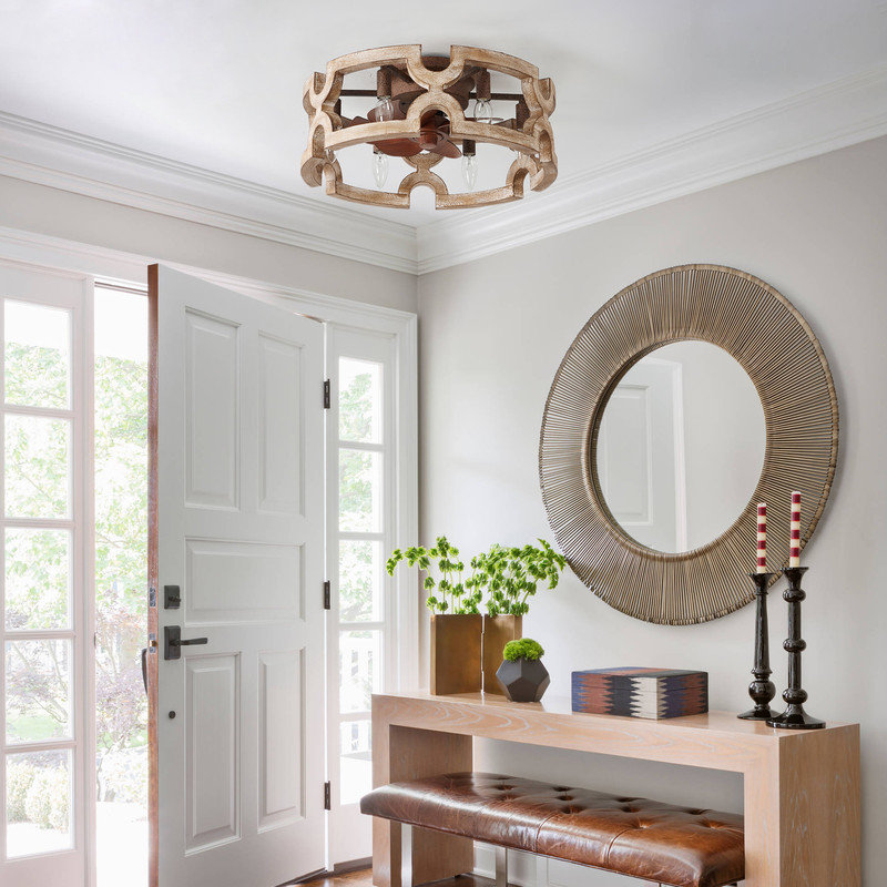 20 in. Bronze Oak Wood Indoor Flush Mount Ceiling Fan with 6 Lights and Remote