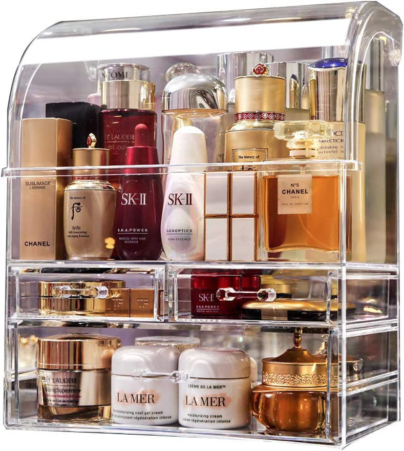 Makeup Storage Organiser, XL Large Acrylic Cosmetics Organizer Skincare Display Case With Drawers And Waterproof Cover For Countertop, Bathroom, Dress