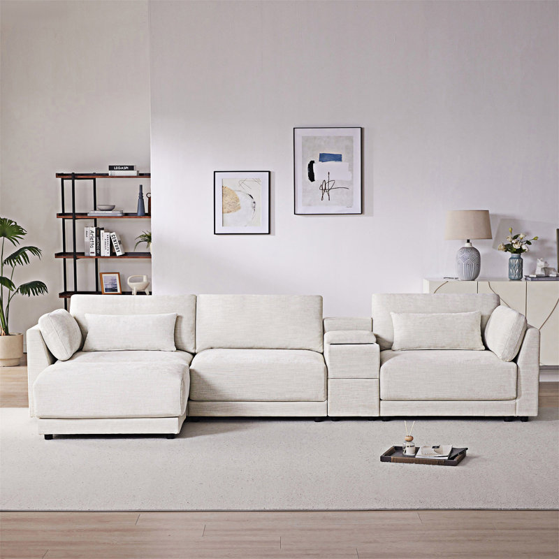 Canapé modulaire modulaire avec console de rangement et repose-pieds mobile, Chenille beige
