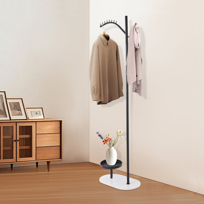 71" Modern Minimalist Multifunctional Standing Clothes Coat Rack With Marble Base, Black
