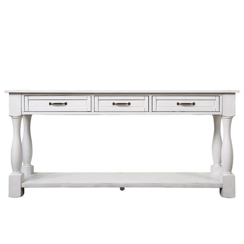 Wood Console Table With 3 Drawers And 5 Bottom Shelf For Entryway Hallway Extra-Thick Sofa Table, Antique White