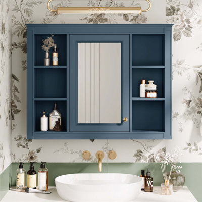 Armoire de rangement murale de salle de bain 35 po x 28 po, armoire à miroir moderne avec 6 tablettes ouvertes et rangement dissimulé, fabrication en panneau de fibres à densité moyenne durable