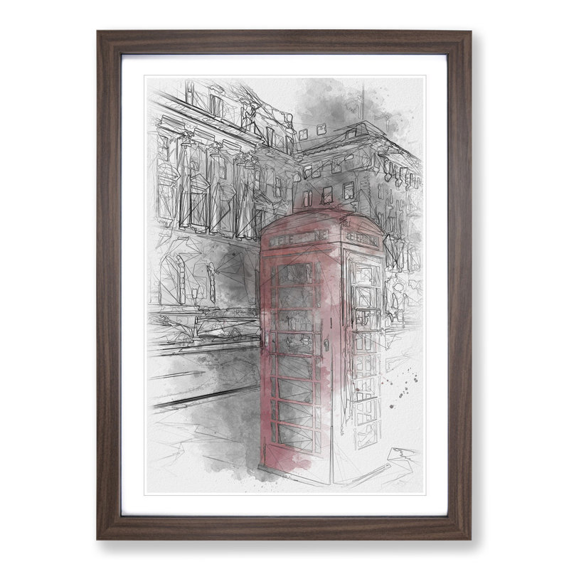 Red Telephone Box - Picture Frame Drawing, Walnut Framed, 90cm H x 65cm W x 2cm D