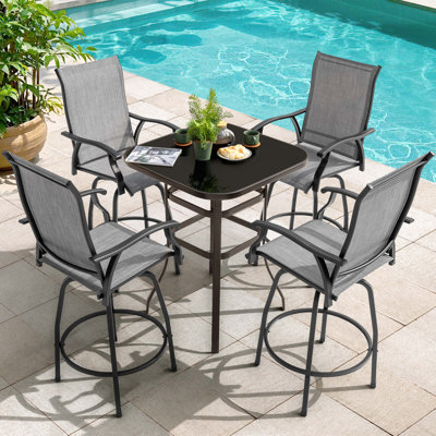 5 Pcs Patio Bar Set, Outdoor Tempered Glass Square Bar Table And Textilene Swivel Bar Stools With High Backrest, Bar Height Outdoor Table And Chairs F by Lark Manor