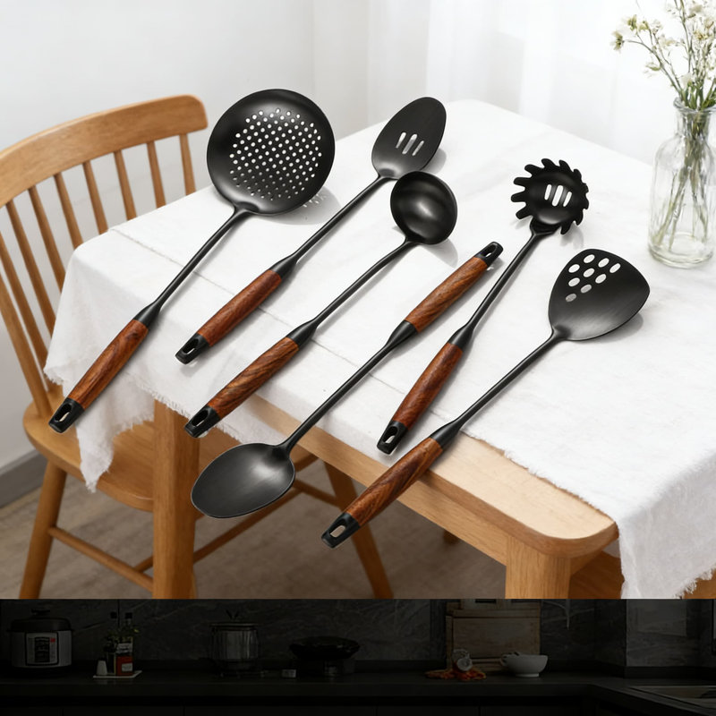 Ensemble d'ustensiles de cuisine 6 pièces en acier inoxydable avec poignée en bois résistant à la chaleur Professional