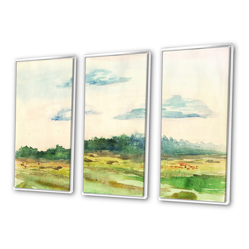«Green Blossoming Summer Landscape», ensemble d'art mural sur toile encadré traditionnel de 3, H 32 po x l 48 po x P 1 po