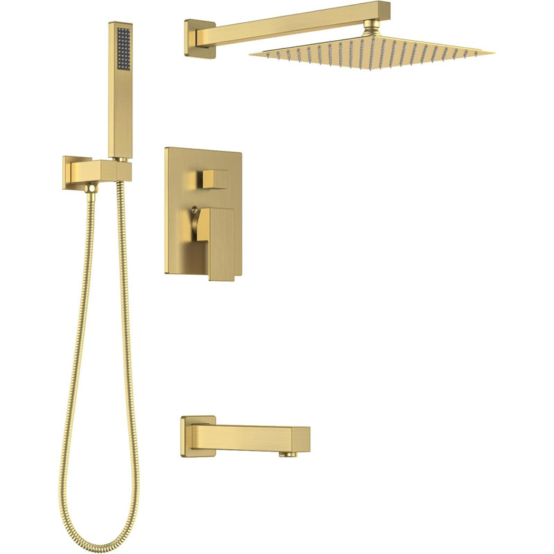 LAVA ODORO Modern 3-Setting Square Shower And Tub Faucet Set With Rainfall Shower Head, Handheld Sprayer, And Pressure-Balanced Valve In Brushed Nickel Finish
