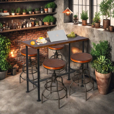 SET OF 5,Vintage Industrial Bar Table & Adjustable Height Swivel Stools Set - Wood & Metal High-Top Dining Table For Home, Kitchen,  Loft, Or Coffee Shop - For Modern & Vintage Interiors