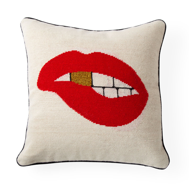 Square Embroidered Velvet Pillow with Red Lips Design