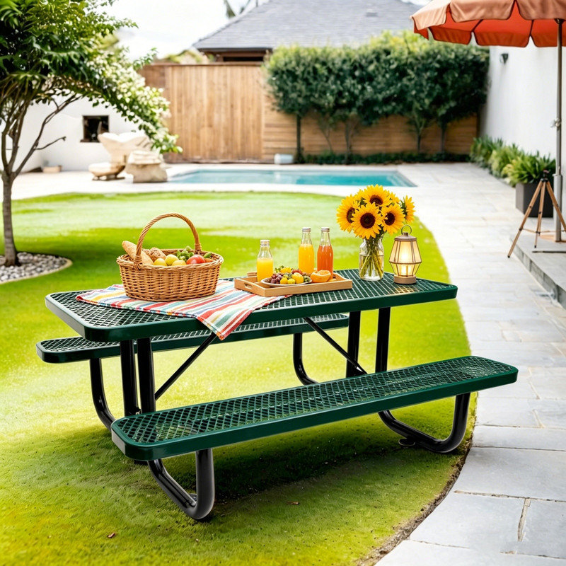 Table de pique-nique rectangulaire en acier de 6 pi avec poteau de parasol en vert pour patio, cour et jardin, finition résistante à la rouille