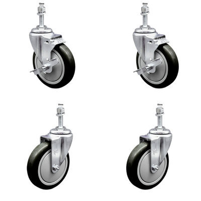 5 Inch SS Black Polyurethane Swivel 10mm Threaded Stem Caster Set 2 Brakes