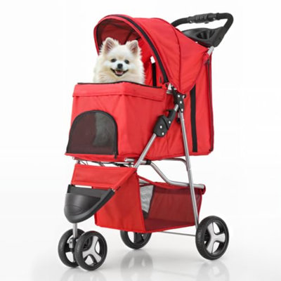 3 Wheels Pet Stroller, Foldable Puppy Cage Jogger Stroller With Weather Cover For All-Season, Storage Basket And Cup Holder, Breathable And Visible Mesh For Small/Medium Pets, Red