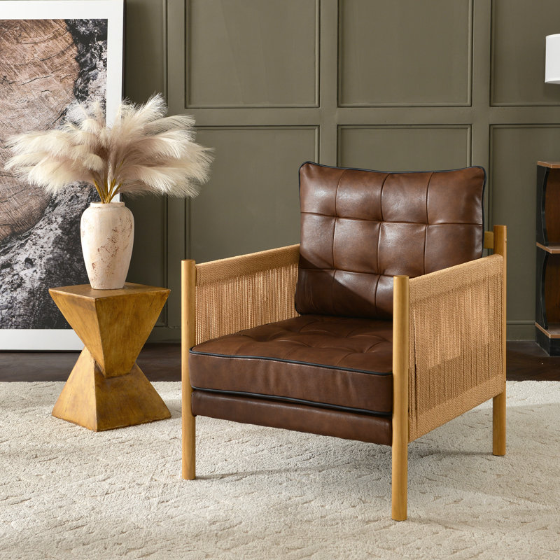 Fauteuil d'appoint en cuir véritable 28,7 po avec accoudoirs en corde de jute, Brun, Corde en jute