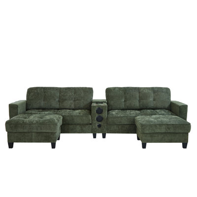 Modern Sectional Sofa 126" U-Shaped Sectional Sofa Modular Sectional Couch With Movable Storage Ottomans, Multifunctional Console, Bluetooth Speakers And LED Lights For Living Room, Green